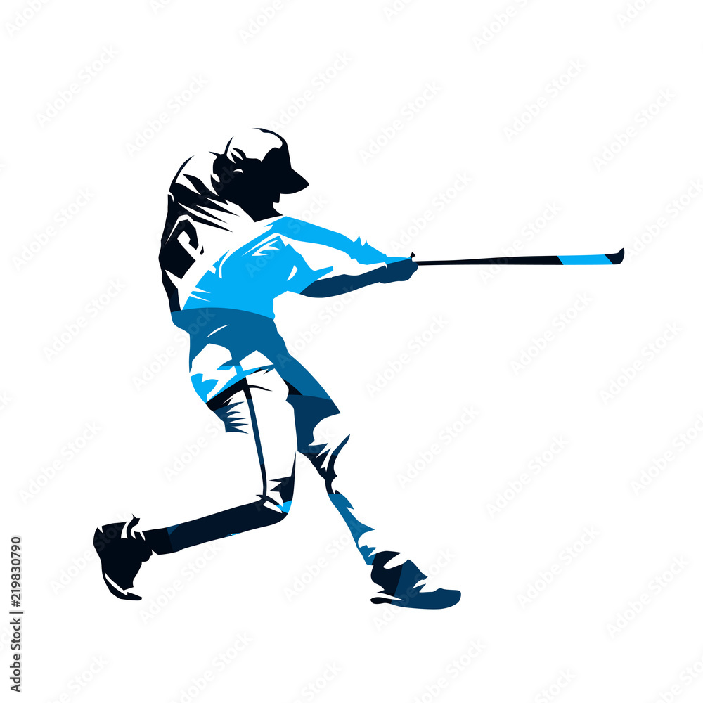 Fototapeta premium Baseball player swinging with bat, blue abstract isolated vector silhouette