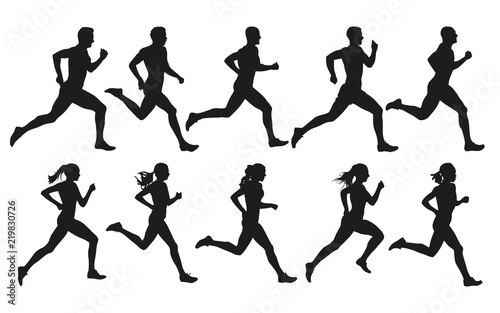 Run. Running men and women, vector set of isolated silhouettes photo