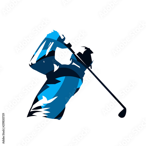 Golf player, abstract blue isolated vector silhouette. Golf swing logo