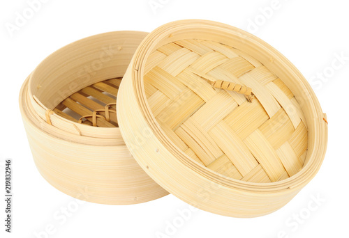 Carta da parati Traditional bamboo steamer with base and lid isolated on a white background
