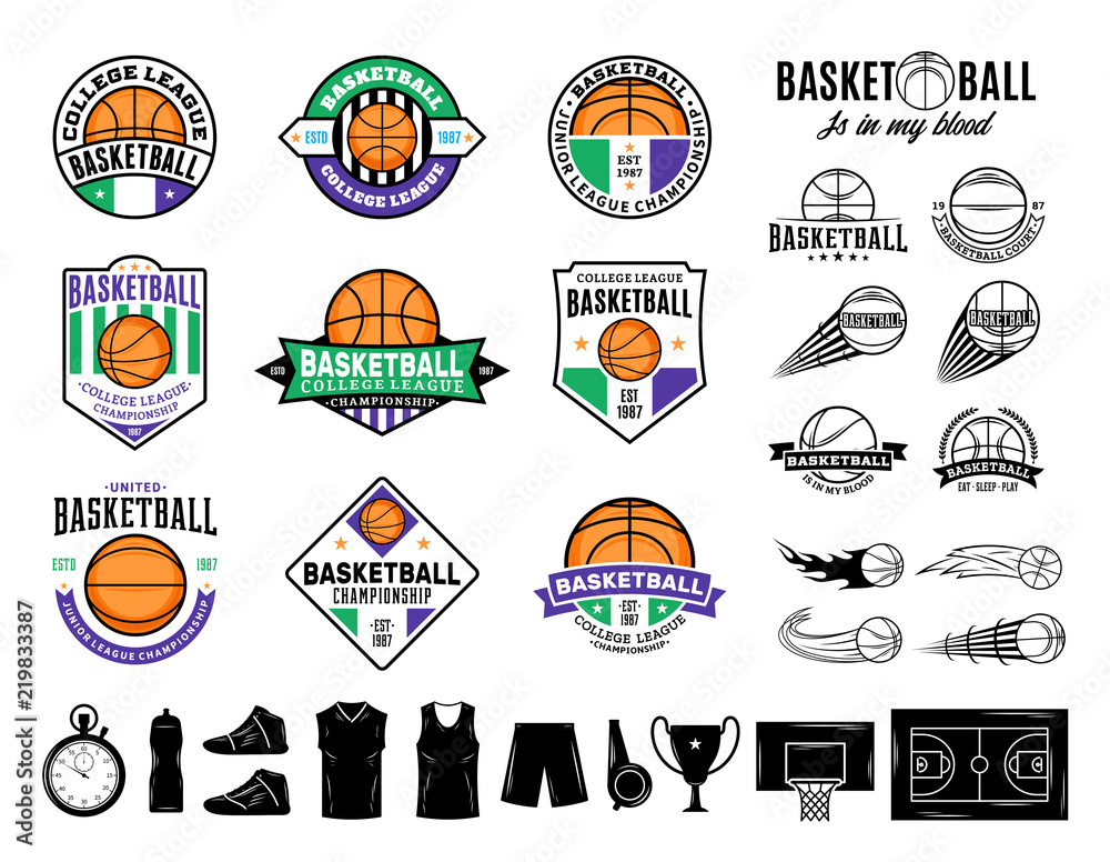 Naklejka premium Set of vector basketball logo and icons
