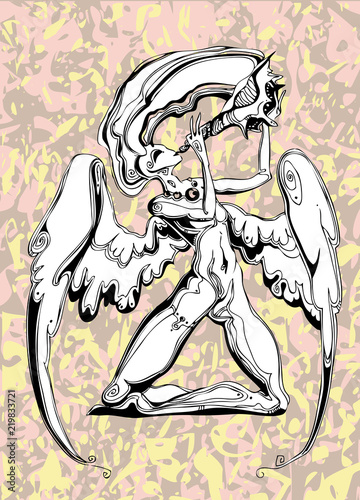angel girl kneeling and blows in a sea shell
