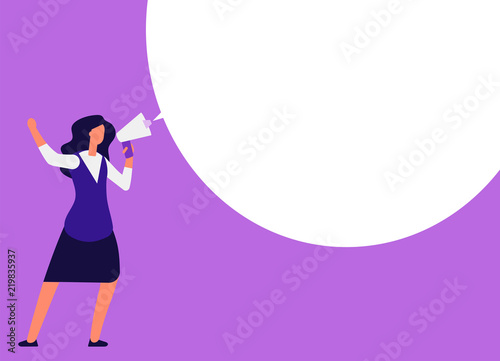 Businesswoman with megaphone. Woman shouting in bullhorn with speech bubble for message. Announcement, event marketing vector concept