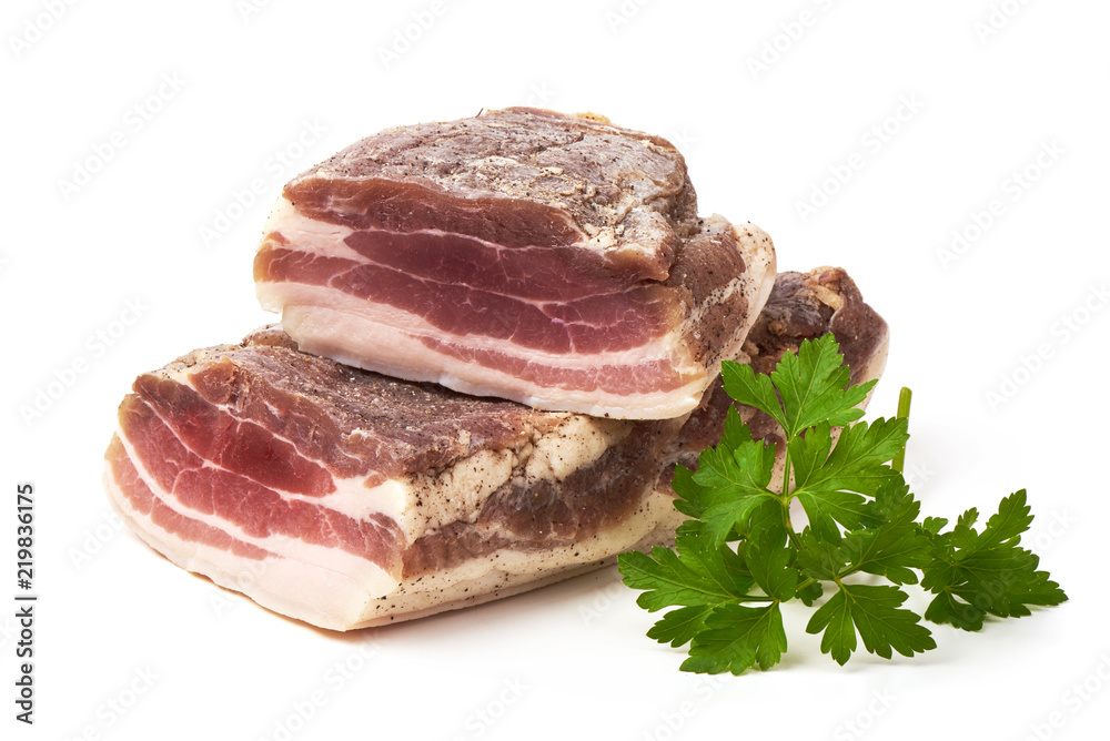 Smoked rustic farmer meat with parsley leaf, isolated on white background.