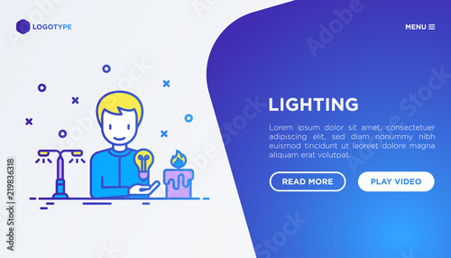 Lighting concept: man starting to use light bulb instead of candle. Thin line icons. Vector illustration, web page template.