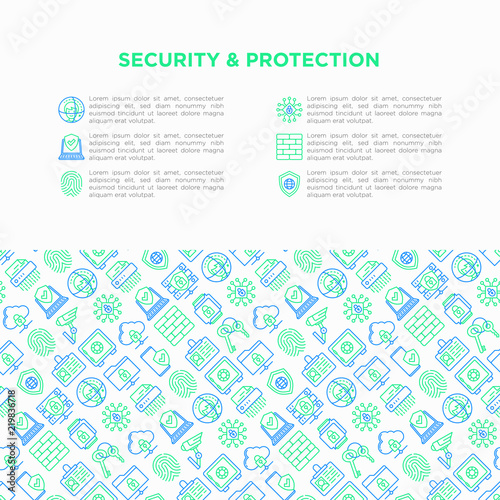 Security and protection concept with thin line icons: fingerprint, firewall, face ID,  surveillance camera, keyset, shredder, bank safe, encrypted messaging. Vector illustration, print media template.