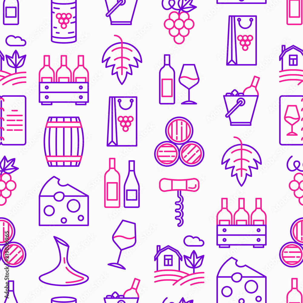 Wine seamless pattern with thin line icons: corkscrew, wine glass, cork, grapes, barrel, list, decanter, cheese, vineyard, bucket, shop, delivery. Modern vector illustration.