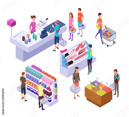 Isometric grocery store. 3d supermarket interior with shopping people customers and products. Retail vector set