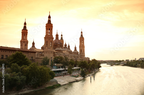 View of Pilar's cathedral and Ebro river in Zaragoza, Spain