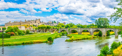 Εκτύπωση καμβά Sunset view of Old town of Carcassonne and pont vieux in France