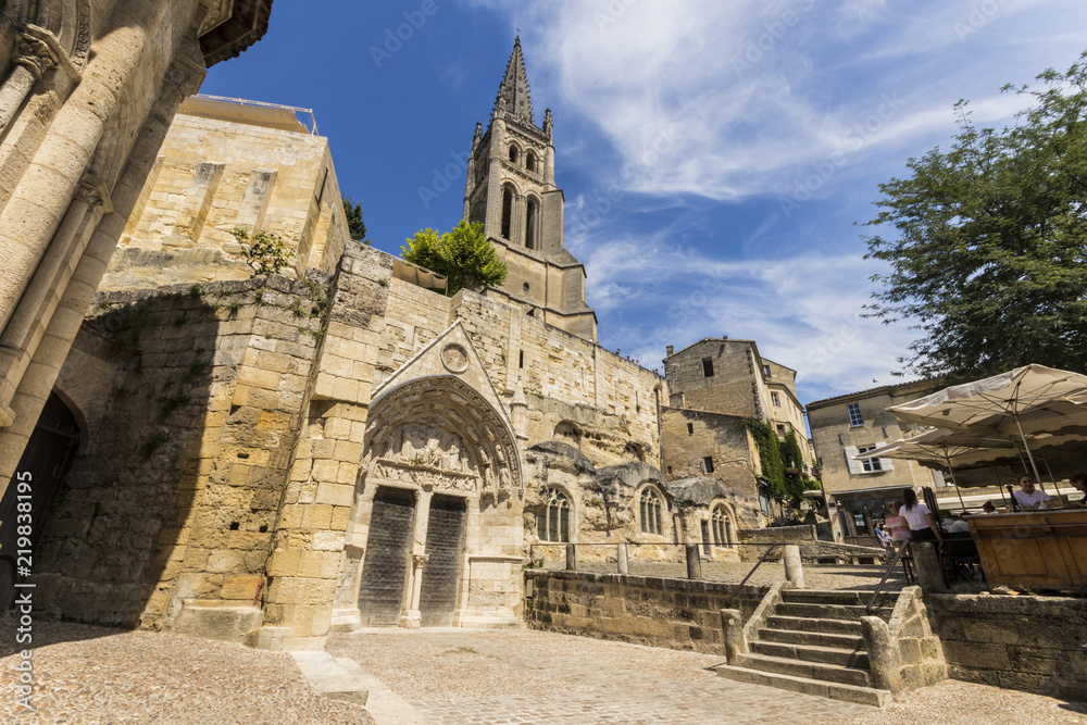 Saint-Emilion, France. Views of the monolithic church (eglise monolithe) of Saint-Emilion, carved from a limestone cliff, and its bell tower