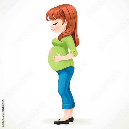 Cute pregnant  brunette woman standing in the profile on a white background