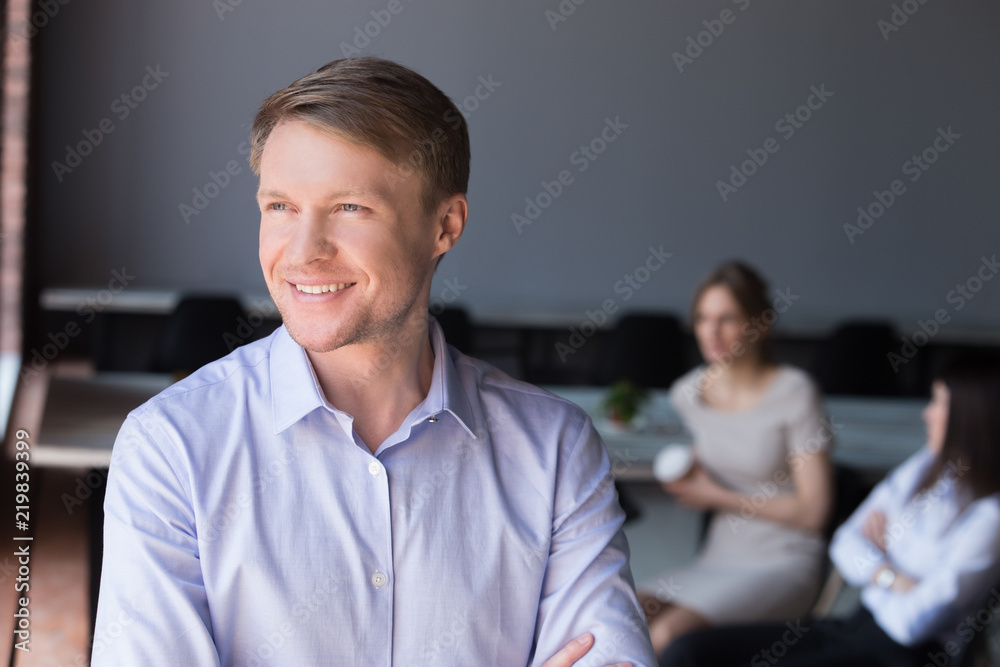 Smiling handsome businessman look in distance dreaming of future goal achievements, thoughtful male employee imagine company career success, worker think planning new projects. Business vision concept Smiling handsome businessman look in distance dreaming of future goal achievements, thoughtful male employee imagine company career success, worker think planning new projects. Business vision concept
