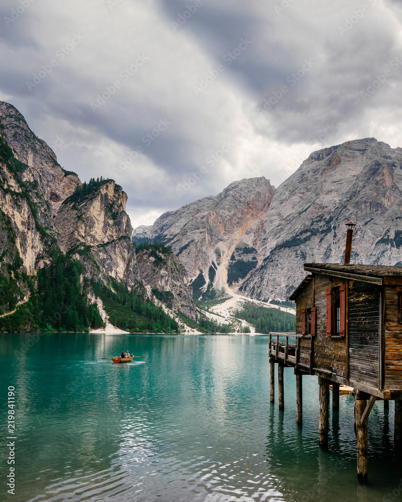 Old cabin at Lago Di Braies in the Italian Dolomites.