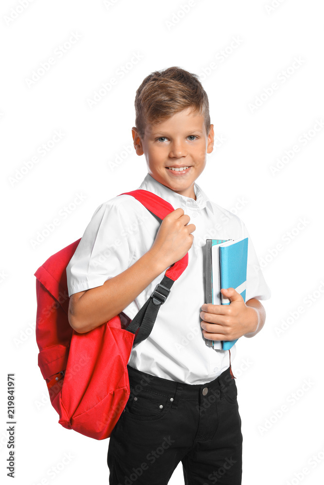 Little boy with backpack and notebooks on white background. Stationery for school Little boy with backpack and notebooks on white background. Stationery for school