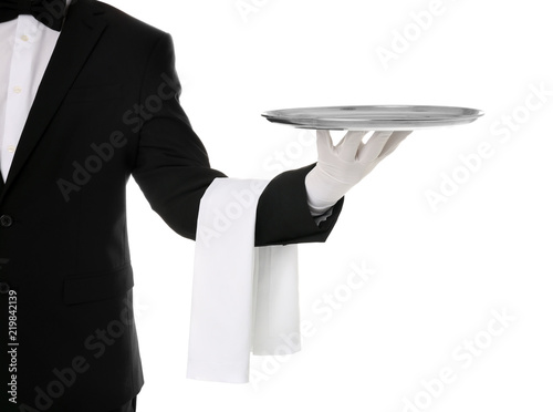 Waiter holding metal tray on white background, closeup photo