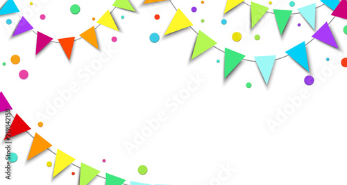 White holiday background with colorful flags and confetti.