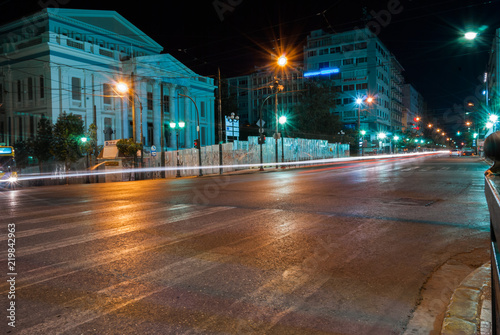 Long exposure photograph in the streets of Athens during night time