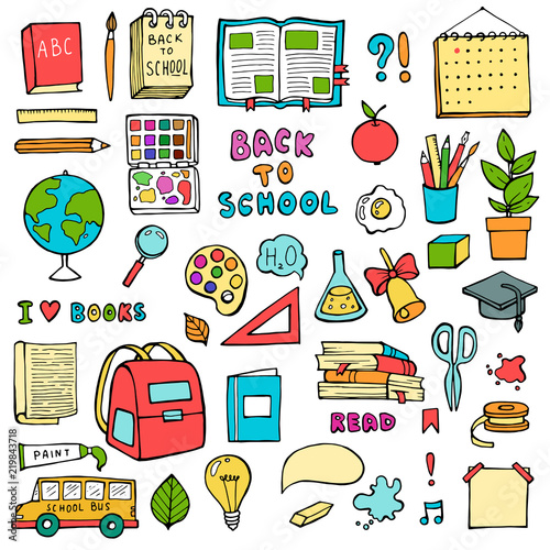 Back to school hand drawn doodles set with supplies Education sketchy icons on white background