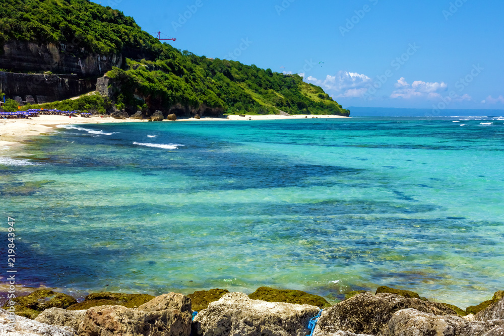 summer at beach with coral and blue sky
