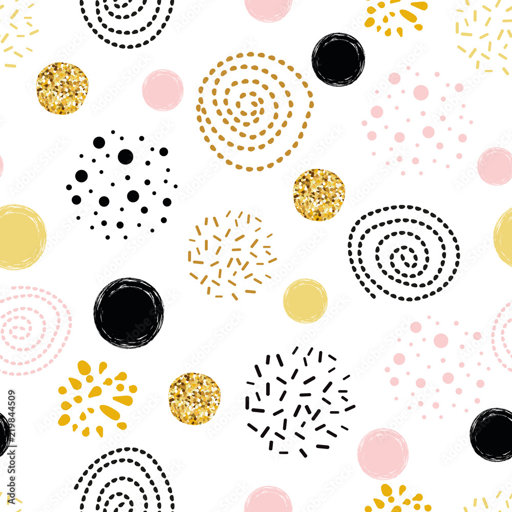 Fototapeta Vector seamless pattern polka dot abstract ornament decorated golden, pink, black hand drawn circle elements