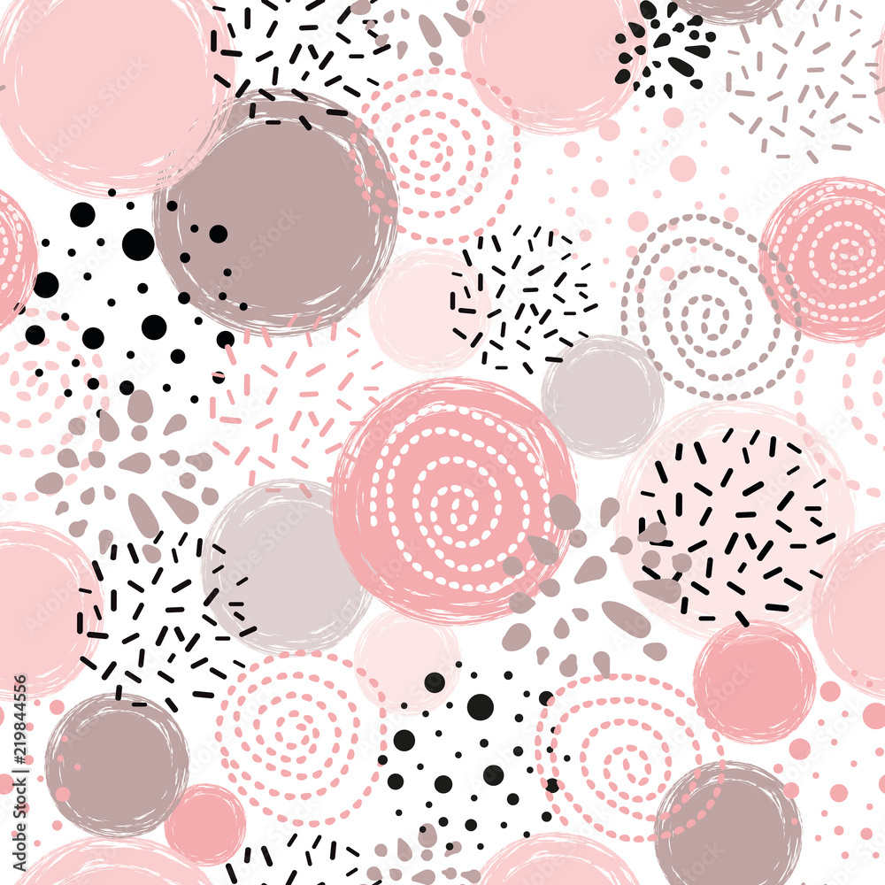 Vector seamless pattern polka dot abstract ornament decorated pink, black hand drawn round shapes background Vector seamless pattern polka dot abstract ornament decorated pink, black hand drawn round shapes background