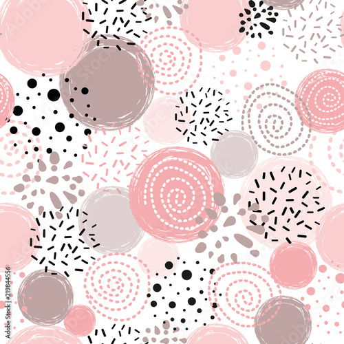 Vector seamless pattern polka dot abstract ornament decorated pink, black hand drawn round shapes background