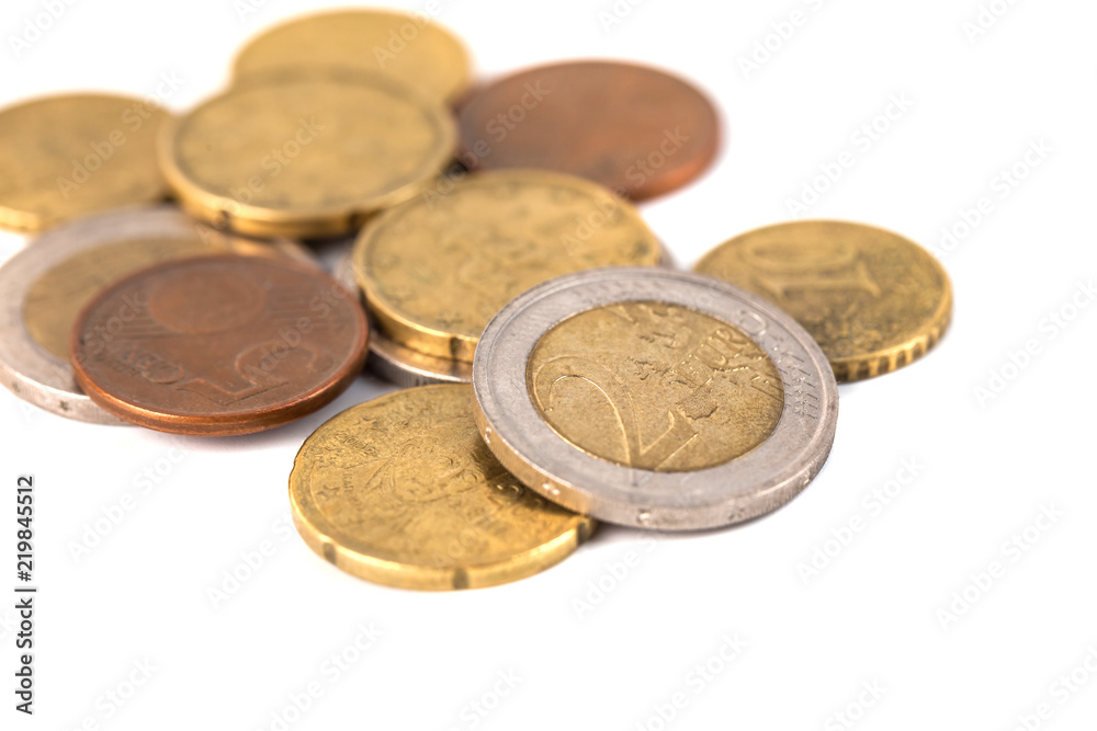 Coins of euro and cents, currency of European market on white background Coins of euro and cents, currency of European market on white background