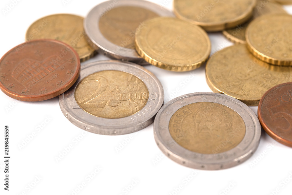 Coins of euro and cents, currency of European market on white background Coins of euro and cents, currency of European market on white background