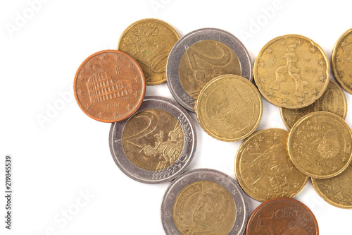 Coins of euro and cents, currency of European market on white background