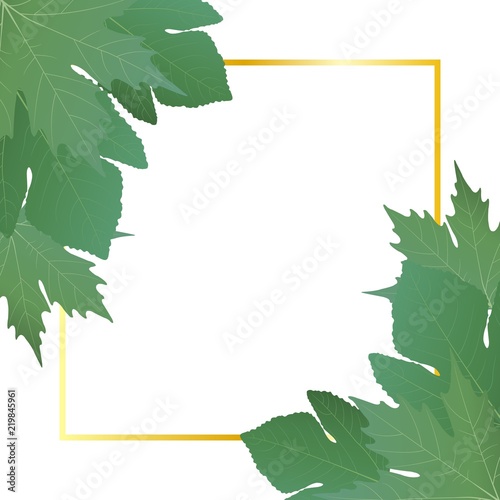 Wedding invitation card with a golden frame and green leaves of plane tree and figs. Vector illustration.