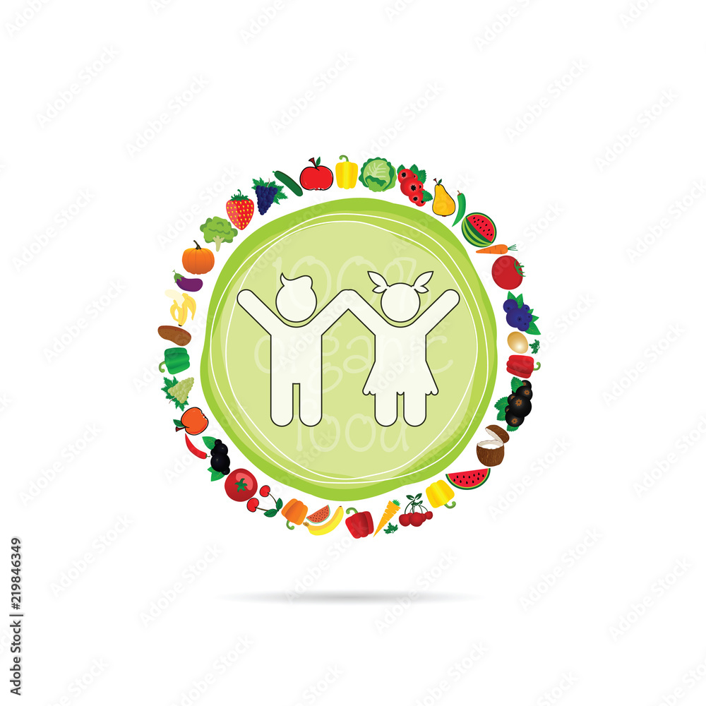 children with organic fruit and vegetable illustration children with organic fruit and vegetable illustration