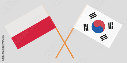 Poland and South Korea . Crossed Polish and Korean flags. Official colors. Correct proportion. Vector