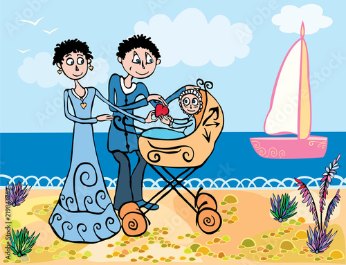 Young happy family strolls along the sea promenade