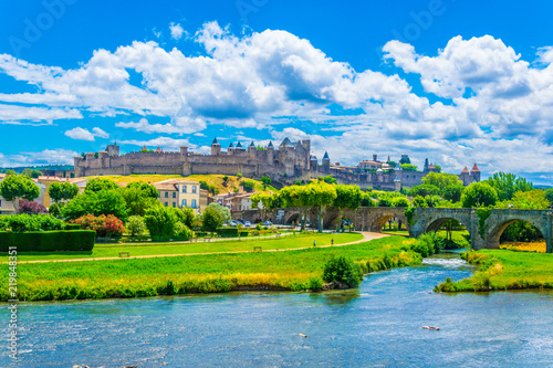 Old town of Carcassonne and pont vieux in France photo