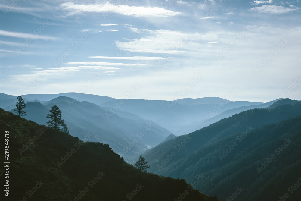 Morning mist above valley between silhouettes of mountain slopes on horizon in backlighting. Blue glow in cloudy sky. Forest on mountainside. Atmospheric mountain landscape of majestic nature.