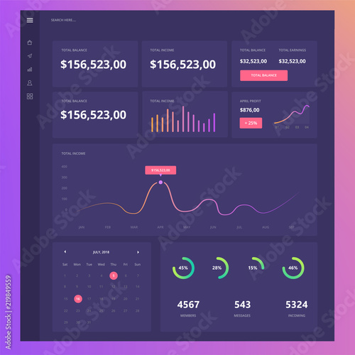 Intelligent technology hud vector interface. Network management data screen with charts and diagrams. Interface screen with colored infographic digital illustration