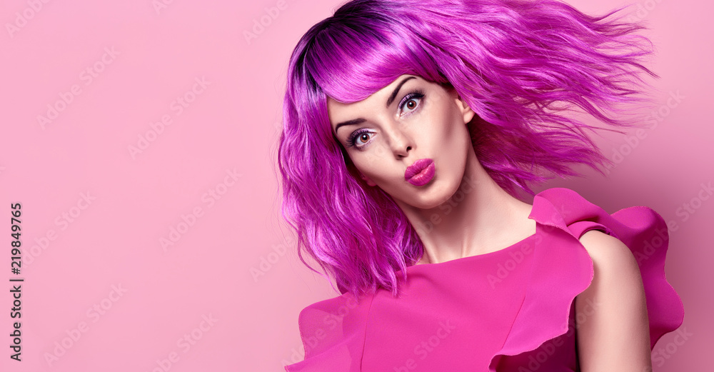 Glamour Beautiful Lady with Kiss Face. Party Trendy Purple Hairstyle. Fashion woman in Pink Summer Dress. Young Playful Model Girl in Stylish fashion Outfit. Glamour Beautiful Lady with Kiss Face. Party Trendy Purple Hairstyle. Fashion woman in Pink Summer Dress. Young Playful Model Girl in Stylish fashion Outfit.