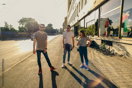 A picture of a group of friends having fun in the city