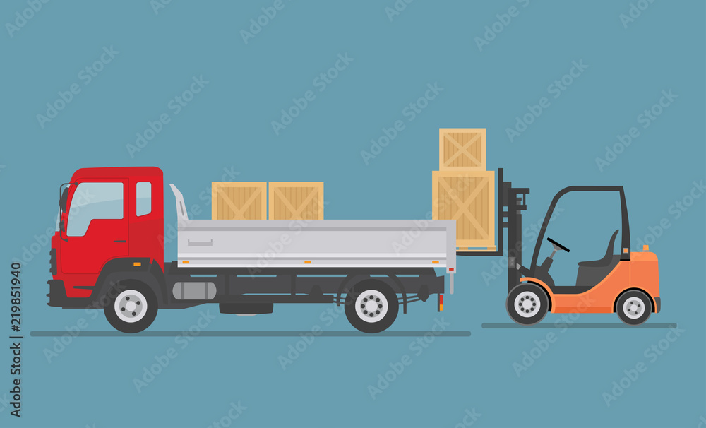Tipper truck and Forklift truck isolated on blue background. Warehouse Equipment, cargo delivery, storage service. Flat style vector illustration.