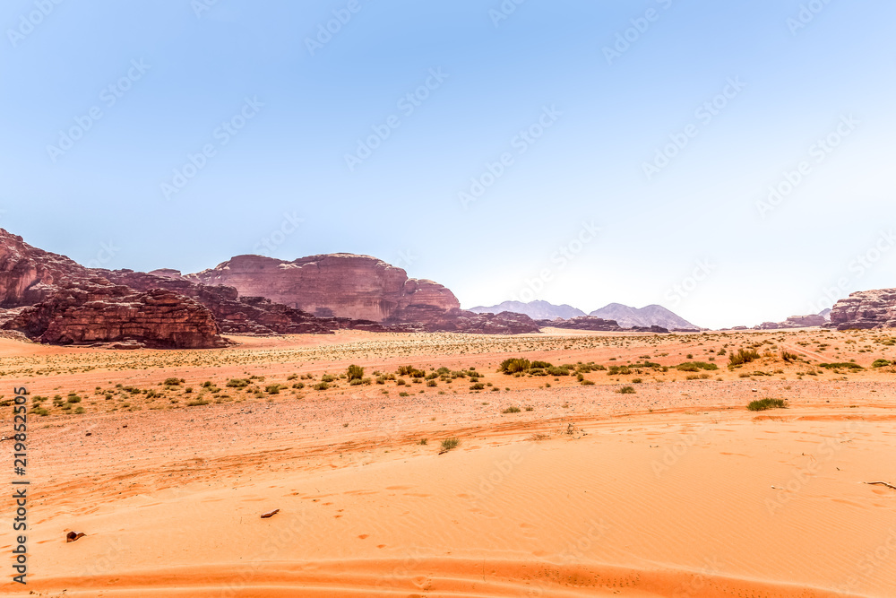 Khazali Canyon, Wadi Rum desert, Jordan. Landscape of Wadi Rum valley of the Moon desert in Jordan Khazali Canyon, Wadi Rum desert, Jordan. Landscape of Wadi Rum valley of the Moon desert in Jordan