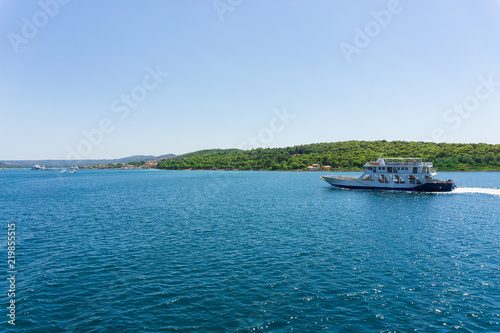 Passenger ferry boat sailing in the ionian sea linking Argostoli and Lixouri city in Kefalonia Greece