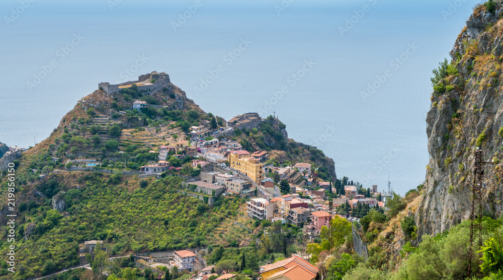 Taormina Castle as seen from Castelmola, Sicily, Italy.