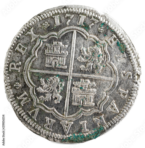 Ancient Spanish silver coin of the King Felipe V. 1717. Coined in Segovia. 2 reales. Reverse. photo