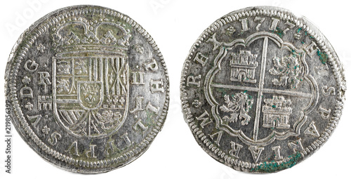 Ancient Spanish silver coin of the King Felipe V. 1717. Coined in Segovia. 2 reales. photo