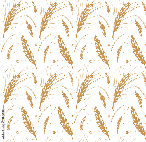 Rye, barley and wheat seamless pattern with drops and ears. Color hand drawn design for organic, bakery, textile