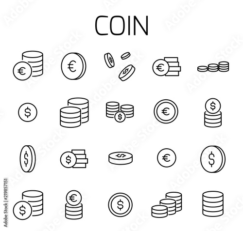 Coin related vector icon set.