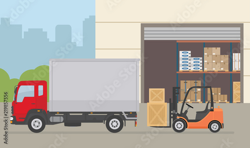 Warehouse building, truck and Forklift truck on city background. Warehouse Equipment, cargo delivery, storage service. Flat style vector illustration. 