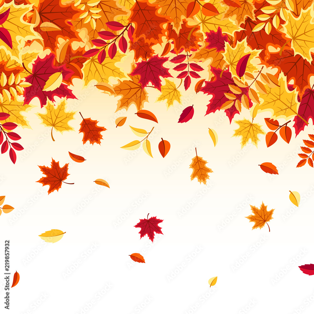 Autumn falling leaves. Nature background with red, orange, yellow foliage. Flying leaf. Season sale. Vector illustration. Autumn falling leaves. Nature background with red, orange, yellow foliage. Flying leaf. Season sale. Vector illustration.