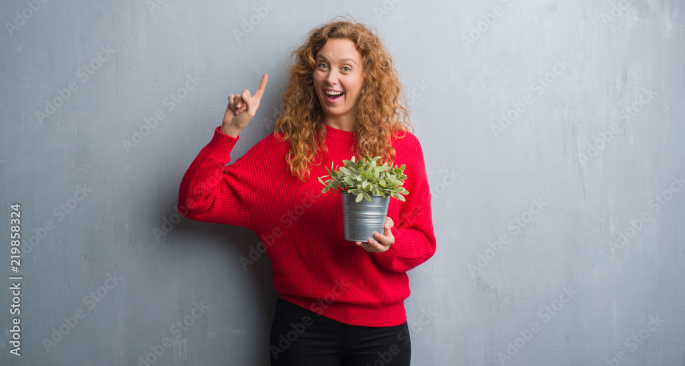 Young redhead woman over grey grunge wall holding plant pot surprised with an idea or question pointing finger with happy face, number one Young redhead woman over grey grunge wall holding plant pot surprised with an idea or question pointing finger with happy face, number one